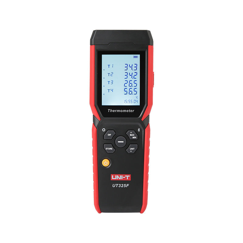UNI-T UT325F 4-Channel Digital Thermometer – K/J/T/E/R/S/N Thermocouple, −200°C to 1767°C, Per-Channel Type, 72,000-Reading Datalogging, USB-C & Bluetooth, ±(0.2%+0.5°C) - a screen with T1-T4 temperature readings and control buttons on the front panel.