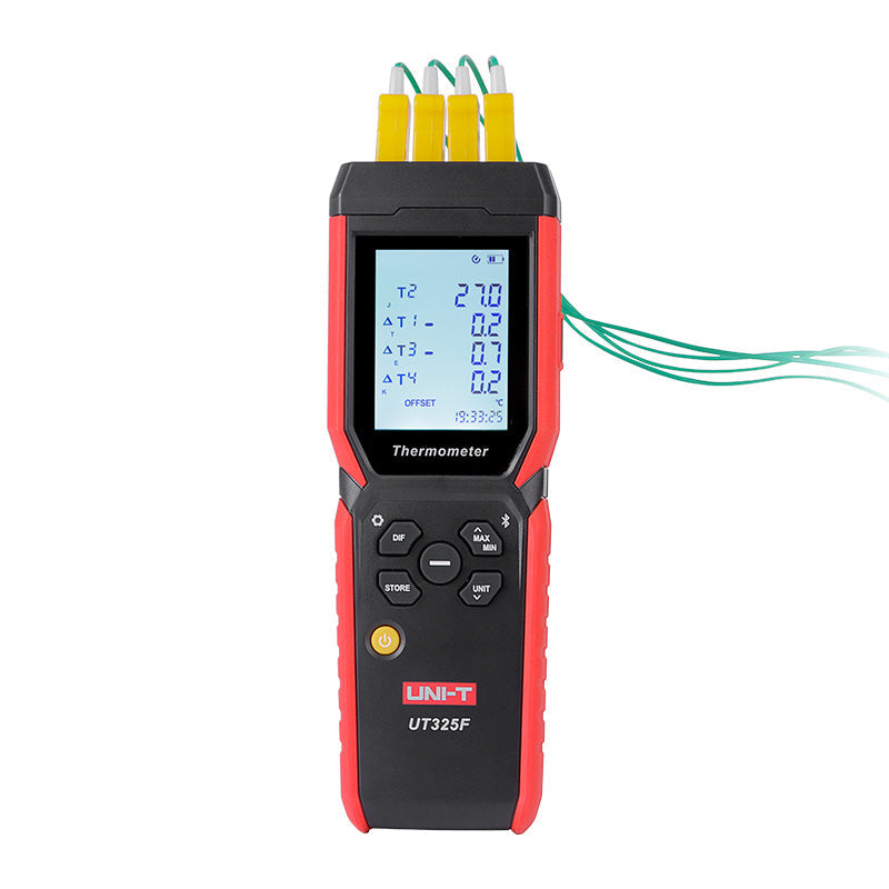 UNI-T UT325F 4-Channel Digital Thermometer – K/J/T/E/R/S/N Thermocouple, −200°C to 1767°C, Per-Channel Type, 72,000-Reading Datalogging, USB-C & Bluetooth, ±(0.2%+0.5°C) - a digital display with temperature readings and four connected thermocouple probes.