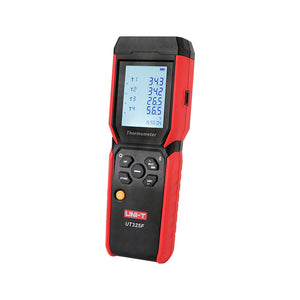UNI-T UT325F 4-Channel Digital Thermometer – K/J/T/E/R/S/N Thermocouple, −200°C to 1767°C, Per-Channel Type, 72,000-Reading Datalogging, USB-C & Bluetooth, ±(0.2%+0.5°C) - a screen with T1-T4 temperature readings and a front panel with navigation buttons.