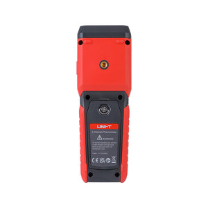 UNI-T UT325F 4-Channel Digital Thermometer – K/J/T/E/R/S/N Thermocouple, −200°C to 1767°C, Per-Channel Type, 72,000-Reading Datalogging, USB-C & Bluetooth, ±(0.2%+0.5°C) - rear view showing a red and black handheld device with a central tripod mount and a battery compartment cover.