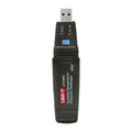 UNI-T UT330C USB Temperature, Humidity & Pressure Datalogger – −40°C to 80°C, 0–100% RH, 750–1100 hPa, IP67, 60,000-Set Memory, USB, PC Software - a black USB device with a rectangular body, a top USB connector, a blue button, and REC and ALM indicator lights.