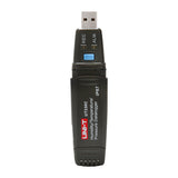 UNI-T UT330C USB Temperature, Humidity & Pressure Datalogger – −40°C to 80°C, 0–100% RH, 750–1100 hPa, IP67, 60,000-Set Memory, USB, PC Software - a black USB device with a rectangular body, a top USB connector, a blue button, and REC and ALM indicator lights.