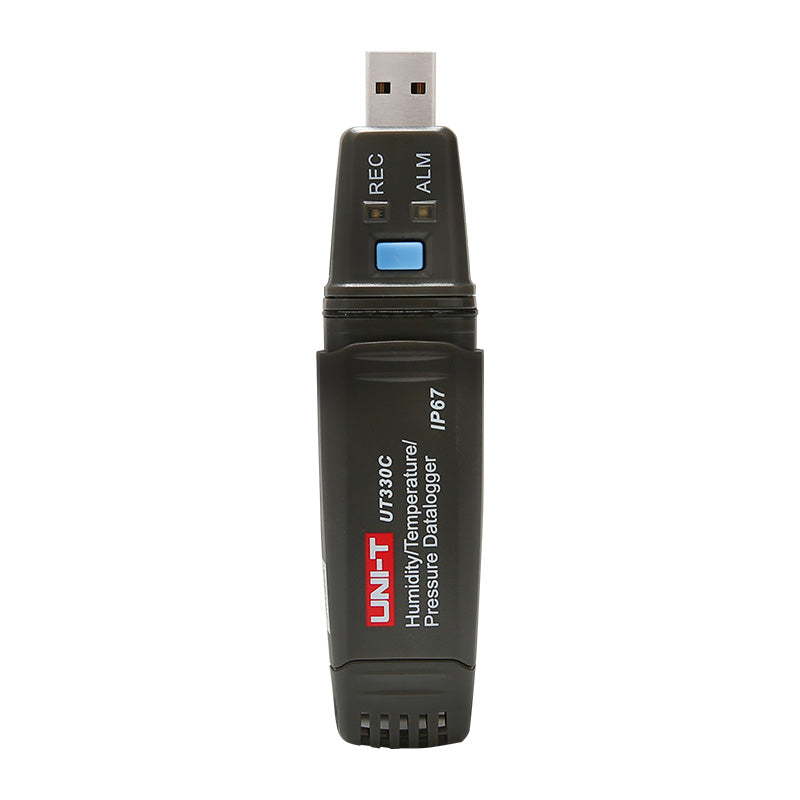UNI-T UT330C USB Temperature, Humidity & Pressure Datalogger – −40°C to 80°C, 0–100% RH, 750–1100 hPa, IP67, 60,000-Set Memory, USB, PC Software - a black USB device with a rectangular body, a top USB connector, a blue button, and REC and ALM indicator lights.