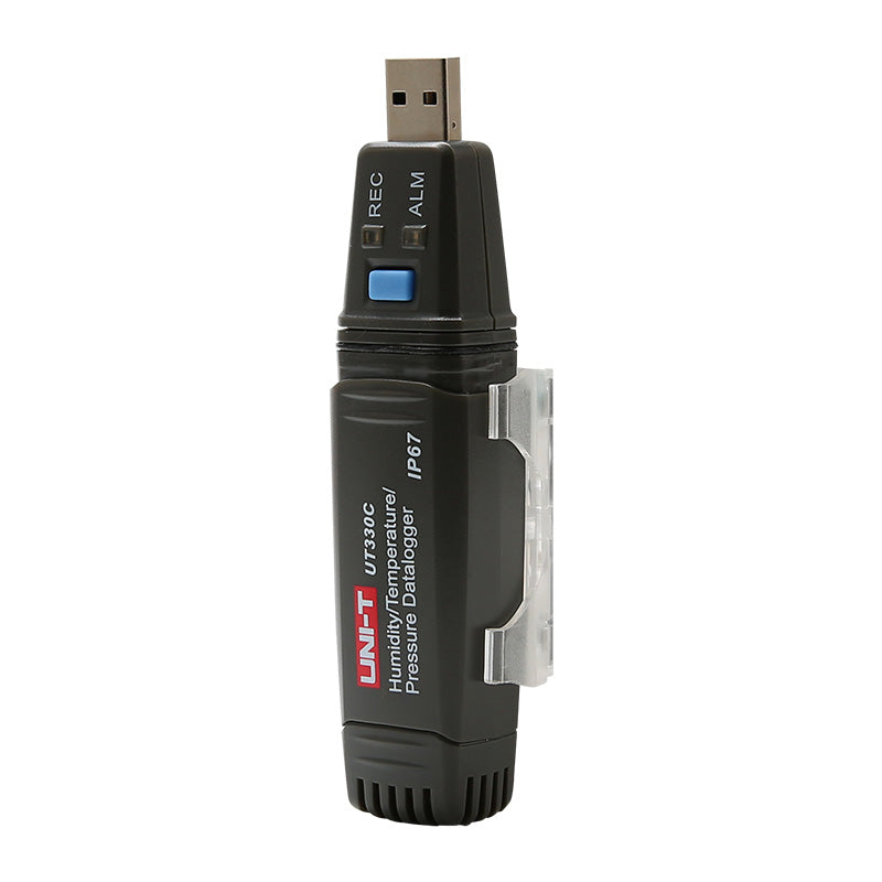 UNI-T UT330C USB Temperature, Humidity & Pressure Datalogger – −40°C to 80°C, 0–100% RH, 750–1100 hPa, IP67, 60,000-Set Memory, USB, PC Software - a black, USB-shaped device with a top connector, a blue button, REC and ALM indicator lights, and a side mounting clip.