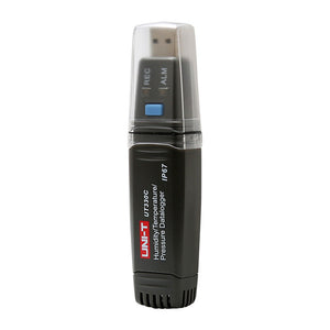 UNI-T UT330C USB Temperature, Humidity & Pressure Datalogger – −40°C to 80°C, 0–100% RH, 750–1100 hPa, IP67, 60,000-Set Memory, USB, PC Software - a black, stick-shaped device with a clear protective cap, a blue button, and visible REC and ALM status indicators.