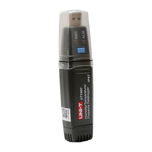 UNI-T UT330C USB Temperature, Humidity & Pressure Datalogger – −40°C to 80°C, 0–100% RH, 750–1100 hPa, IP67, 60,000-Set Memory, USB, PC Software - a black, stick-shaped device with a protective cap, a blue button, and visible REC and ALM indicators.