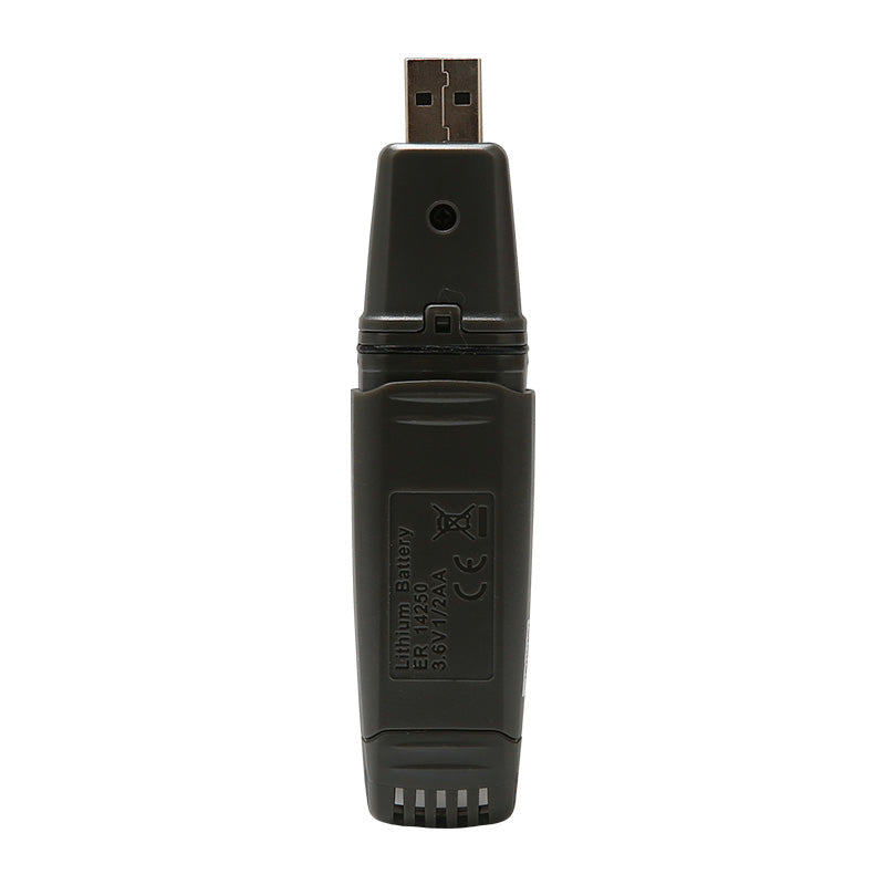 UNI-T UT330C USB Temperature, Humidity & Pressure Datalogger – −40°C to 80°C, 0–100% RH, 750–1100 hPa, IP67, 60,000-Set Memory, USB, PC Software - a grey, stick-shaped device with a USB connector at the top and text printed on the body including battery specifications.
