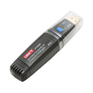 UNI-T UT330C USB Temperature, Humidity & Pressure Datalogger – −40°C to 80°C, 0–100% RH, 750–1100 hPa, IP67, 60,000-Set Memory, USB, PC Software - a black USB-shaped device with a vented end, a blue button, and a clear protective cap covering the USB connector.