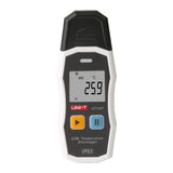 UNI-T UT330T USB Temperature Datalogger – −30°C to 70°C, ±0.4°C, 64,000-Set Memory, IP65, PDF/XLS Export, Adjustable Interval, LED Alarm, Reusable - a white and black handheld device with a digital display showing 25.9°C, two buttons, and an IP65 rating label.