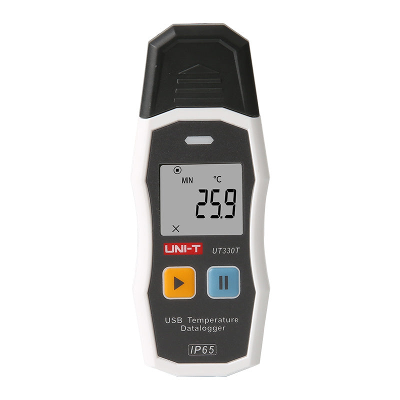 UNI-T UT330T USB Temperature Datalogger – −30°C to 70°C, ±0.4°C, 64,000-Set Memory, IP65, PDF/XLS Export, Adjustable Interval, LED Alarm, Reusable - a white and black handheld device with a digital display showing 25.9°C, two buttons, and an IP65 rating label.