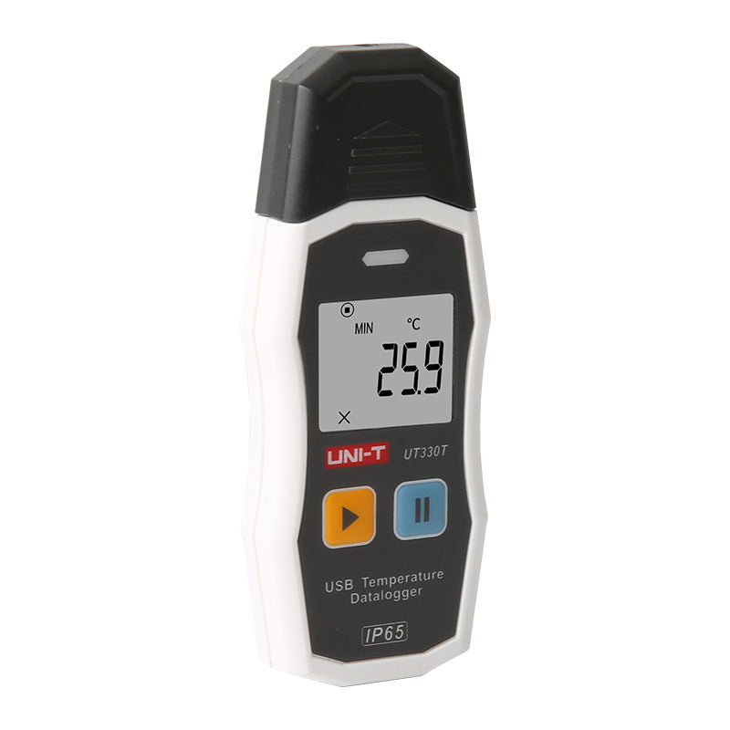 UNI-T UT330T USB Temperature Datalogger – −30°C to 70°C, ±0.4°C, 64,000-Set Memory, IP65, PDF/XLS Export, Adjustable Interval, LED Alarm, Reusable - a white and black handheld device with a digital screen showing 25.9, two control buttons, and an IP65 label.