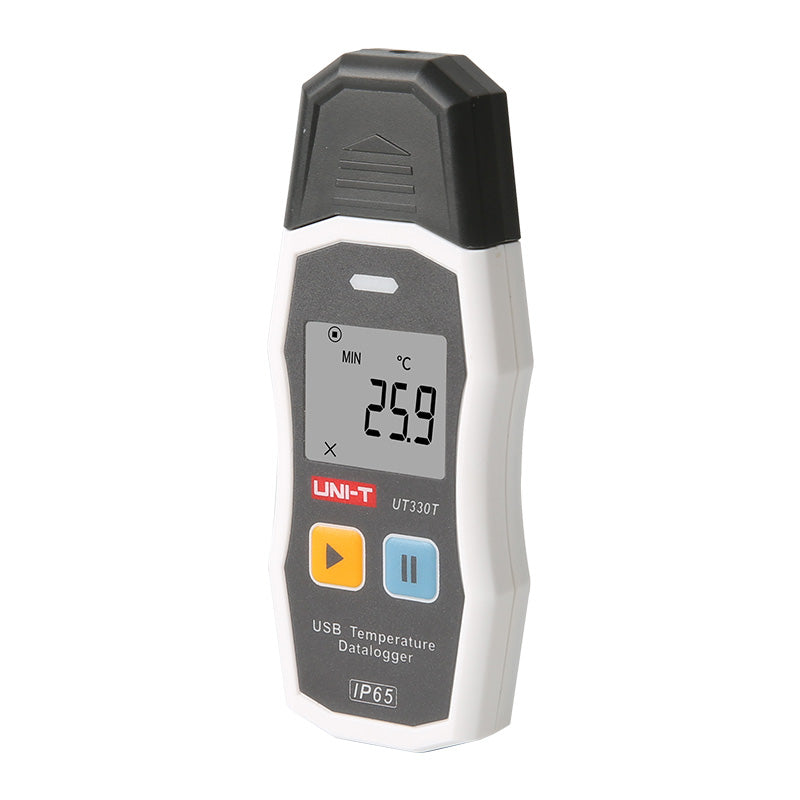 UNI-T UT330T USB Temperature Datalogger – −30°C to 70°C, ±0.4°C, 64,000-Set Memory, IP65, PDF/XLS Export, Adjustable Interval, LED Alarm, Reusable - a white and grey handheld device with a digital display showing 25.9°C, two buttons, and an IP65 rating label.