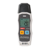 UNI-T UT330TH USB Temperature & Humidity Datalogger – −30°C to 70°C, 0–99.9% RH, ±0.4°C, 64,000-Set Memory, USB, PC Software & App, PDF Export - a white and grey handheld device with two buttons, a digital screen showing 29.0°C and 20:48:02.
