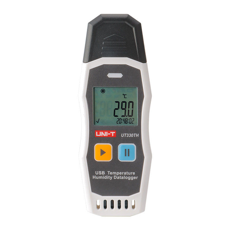 UNI-T UT330TH USB Temperature & Humidity Datalogger – −30°C to 70°C, 0–99.9% RH, ±0.4°C, 64,000-Set Memory, USB, PC Software & App, PDF Export - a white and grey handheld device with two buttons, a digital screen showing 29.0°C and 20:48:02.