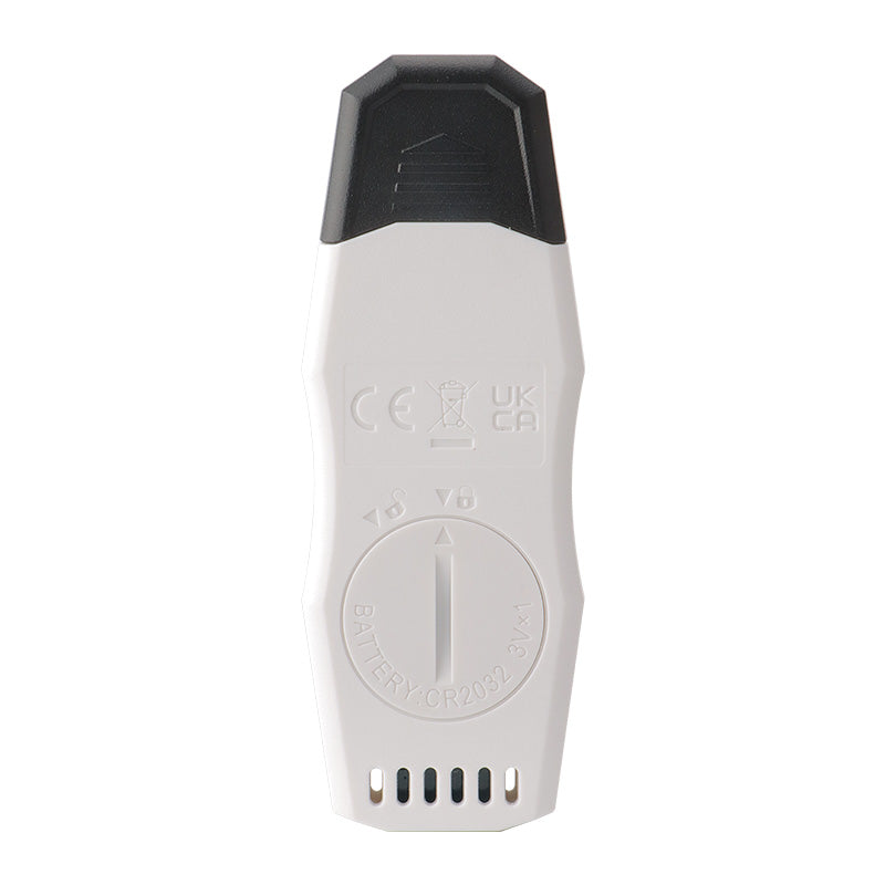 UNI-T UT330TH USB Temperature & Humidity Datalogger – −30°C to 70°C, 0–99.9% RH, ±0.4°C, 64,000-Set Memory, USB, PC Software & App, PDF Export - the white and black rear casing with a circular battery compartment and ventilation slots.