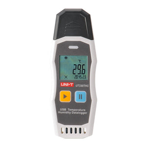 UNI-T UT330THC USB Temperature & Humidity Datalogger – −30°C to 70°C, 0–99.9% RH, ±0.4°C, 64,000-Set Memory, USB, PC Software & App, PDF Export - a white and grey handheld device with a digital display showing 29.6°C, two buttons, and a USB cap.