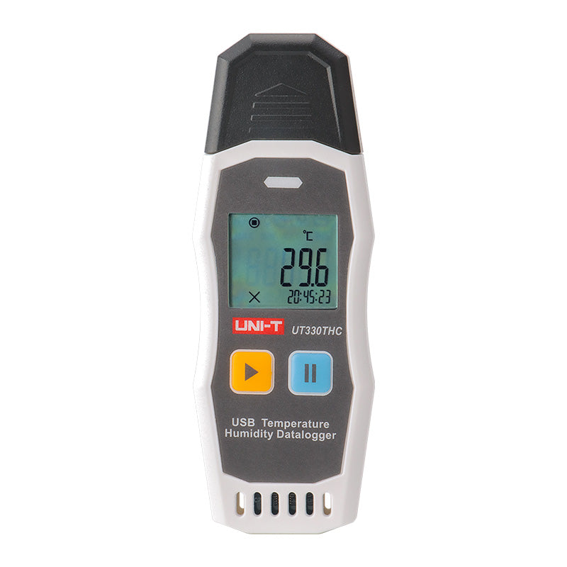 UNI-T UT330THC USB Temperature & Humidity Datalogger – −30°C to 70°C, 0–99.9% RH, ±0.4°C, 64,000-Set Memory, USB, PC Software & App, PDF Export - a white and grey handheld device with a digital display showing 29.6°C, two buttons, and a USB cap.