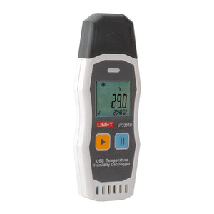 UNI-T UT330THC USB Temperature & Humidity Datalogger – −30°C to 70°C, 0–99.9% RH, ±0.4°C, 64,000-Set Memory, USB, PC Software & App, PDF Export - a white and grey handheld device with a digital display showing 29.0°C, two buttons, and a USB cap.