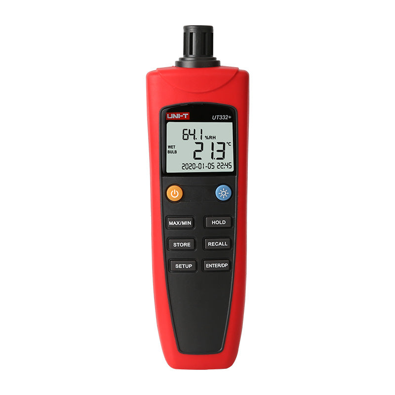 UNI-T UT332+ Temperature & Humidity Meter – Digital Thermo-Hygrometer for HVAC, Labs, Storage & Environmental Monitoring - a digital display with 64.1% RH, 21.3°C, and date/time, with control buttons below.