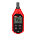 UNI-T UT333 Mini Temperature & Humidity Meter – −10°C to 60°C, 0–100% RH, ±1°C, MAX/MIN, Backlit LCD, Compact Digital Thermo-Hygrometer - a red handheld device with a digital display showing 32.8% RH and 28.3°C, featuring four control buttons.