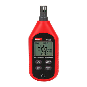 UNI-T UT333 Mini Temperature & Humidity Meter – −10°C to 60°C, 0–100% RH, ±1°C, MAX/MIN, Backlit LCD, Compact Digital Thermo-Hygrometer - a red handheld device with a digital display showing 32.8% RH and 28.3°C, featuring four control buttons.