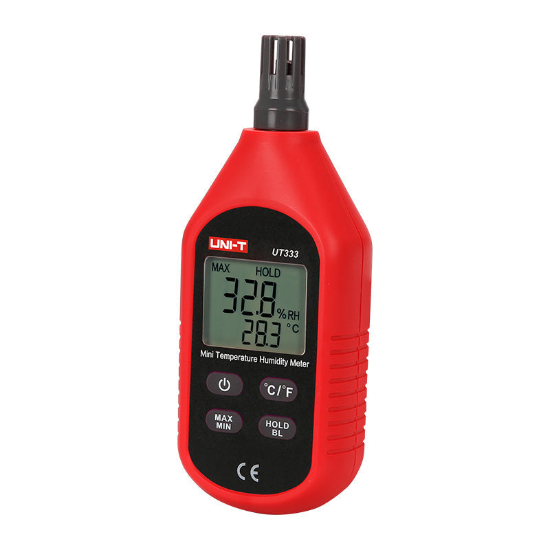 UNI-T UT333 Mini Temperature & Humidity Meter – −10°C to 60°C, 0–100% RH, ±1°C, MAX/MIN, Backlit LCD, Compact Digital Thermo-Hygrometer - a red handheld device with a digital display showing 32.8% RH and 28.3°C, featuring four control buttons.