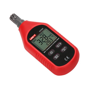 UNI-T UT333 Mini Temperature & Humidity Meter – −10°C to 60°C, 0–100% RH, ±1°C, MAX/MIN, Backlit LCD, Compact Digital Thermo-Hygrometer - a digital display showing 32.8 %RH and 28.3 °C with power, unit, and mode buttons.