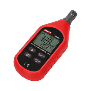 UNI-T UT333 Mini Temperature & Humidity Meter – −10°C to 60°C, 0–100% RH, ±1°C, MAX/MIN, Backlit LCD, Compact Digital Thermo-Hygrometer - a digital display showing 32.8% RH and 28.3°C, with power, MAX/MIN, and mode buttons.