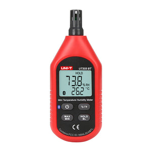 UNI-T UT333BT Mini Bluetooth Temperature & Humidity Meter – −10°C to 60°C, 0–100% RH, ±1°C, iENV App, MAX/MIN, Backlit LCD, Digital Thermo-Hygrometer - a red handheld device with a backlit LCD showing 73.8% RH and 26.2°C, featuring four control buttons.