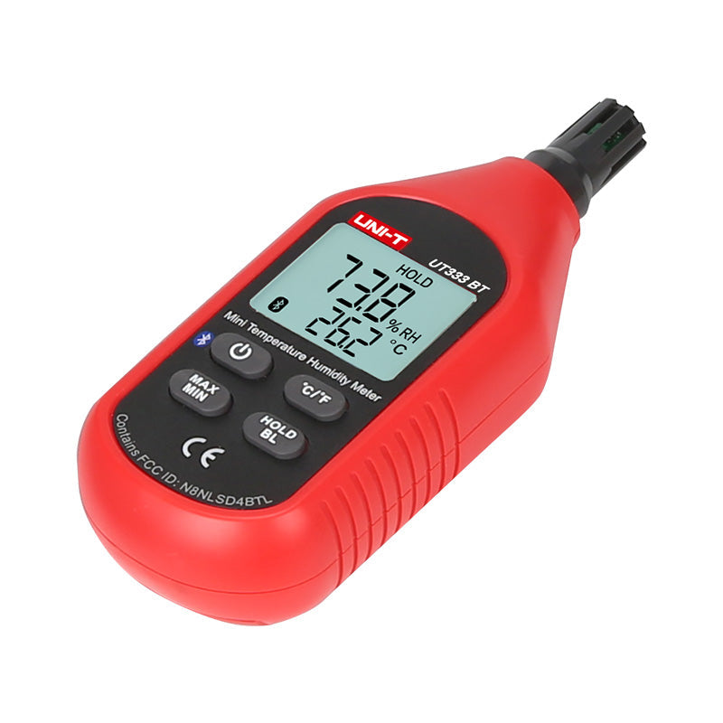 UNI-T UT333BT Mini Bluetooth Temperature & Humidity Meter – −10°C to 60°C, 0–100% RH, ±1°C, iENV App, MAX/MIN, Backlit LCD, Digital Thermo-Hygrometer - and humidity meter in red, showing a backlit LCD screen reading 73.8% RH and 26.2°C, with four control buttons.