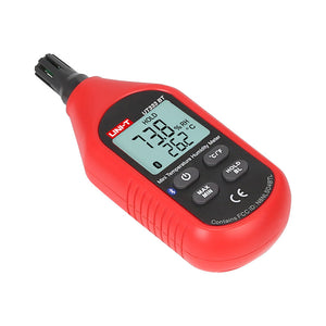 UNI-T UT333BT Mini Bluetooth Temperature & Humidity Meter – −10°C to 60°C, 0–100% RH, ±1°C, iENV App, MAX/MIN, Backlit LCD, Digital Thermo-Hygrometer - a backlit LCD screen with readings, four control buttons, and a sensor tip.