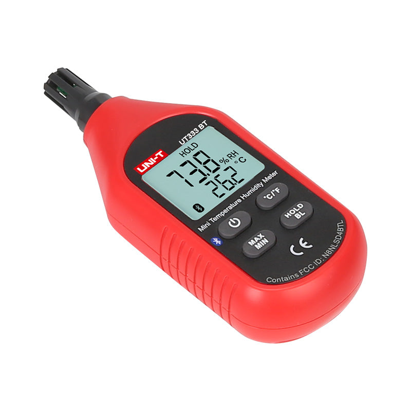 UNI-T UT333BT Mini Bluetooth Temperature & Humidity Meter – −10°C to 60°C, 0–100% RH, ±1°C, iENV App, MAX/MIN, Backlit LCD, Digital Thermo-Hygrometer - a backlit LCD screen with readings, four control buttons, and a sensor tip.