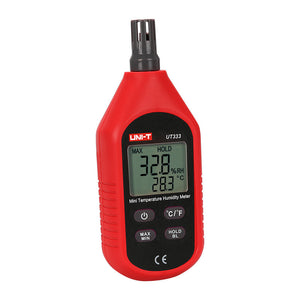 UNI-T UT333BT Mini Bluetooth Temperature & Humidity Meter – −10°C to 60°C, 0–100% RH, ±1°C, iENV App, MAX/MIN, Backlit LCD, Digital Thermo-Hygrometer - red handheld case with a digital display showing 32.8% RH and 28.3°C, plus four control buttons.