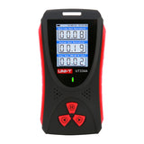 UNI-T UT334A Nuclear Radiation Detector Dosimeter – X/β/γ Ray, 0.05 µSv–50 mSv, GM Tube, 2.0" TFT Colour Display, Audio-Visual Alarm, USB-C Rechargeable - a black and red handheld device with a color display showing dose rate data and three red navigation buttons.