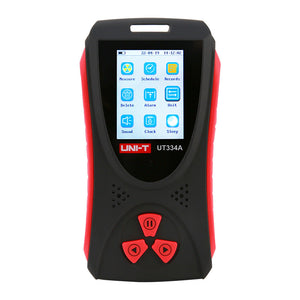 UNI-T UT334A Nuclear Radiation Detector Dosimeter – X/β/γ Ray, 0.05 µSv–50 mSv, GM Tube, 2.0" TFT Colour Display, Audio-Visual Alarm, USB-C Rechargeable - in a black and red casing with a 2.0-inch TFT screen displaying a menu and three red navigation buttons.