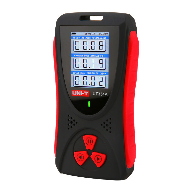UNI-T UT334A Nuclear Radiation Detector Dosimeter – X/β/γ Ray, 0.05 µSv–50 mSv, GM Tube, 2.0" TFT Colour Display, Audio-Visual Alarm, USB-C Rechargeable - in black and red, featuring a digital display showing dose rates and three control buttons on the front face.