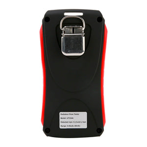 UNI-T UT334A Nuclear Radiation Detector Dosimeter – X/β/γ Ray, 0.05 µSv–50 mSv, GM Tube, 2.0" TFT Colour Display, Audio-Visual Alarm, USB-C Rechargeable - back view showing the black and red casing, a metal belt clip, and a label with model and range specifications.