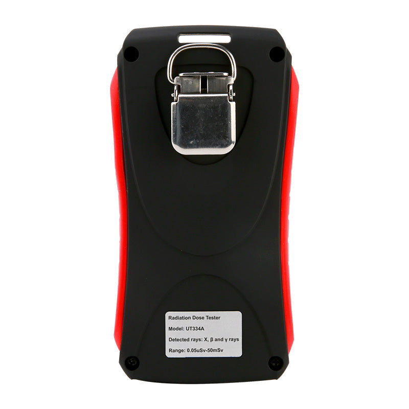 UNI-T UT334A Nuclear Radiation Detector Dosimeter – X/β/γ Ray, 0.05 µSv–50 mSv, GM Tube, 2.0" TFT Colour Display, Audio-Visual Alarm, USB-C Rechargeable - back view showing the black and red casing, a metal belt clip, and a label with model and range specifications.
