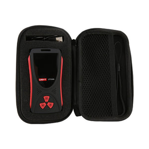 UNI-T UT334A Nuclear Radiation Detector Dosimeter – X/β/γ Ray, 0.05 µSv–50 mSv, GM Tube, 2.0" TFT Colour Display, Audio-Visual Alarm, USB-C Rechargeable - in a black zippered carrying case with a USB charging cable and a wrist strap.