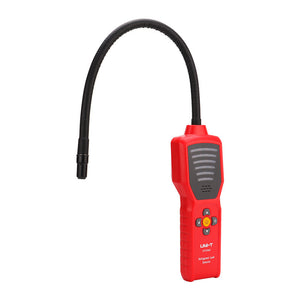 UNI-T UT336A Refrigerant Leak Detector – CFC / HCFC / HFC Halogen Gas, Negative Corona Sensor, 6 Sensitivity Levels, Audio-Visual Alarm, Flexible Probe - a red handheld device with a black flexible probe, a central yellow power button, and directional control buttons.