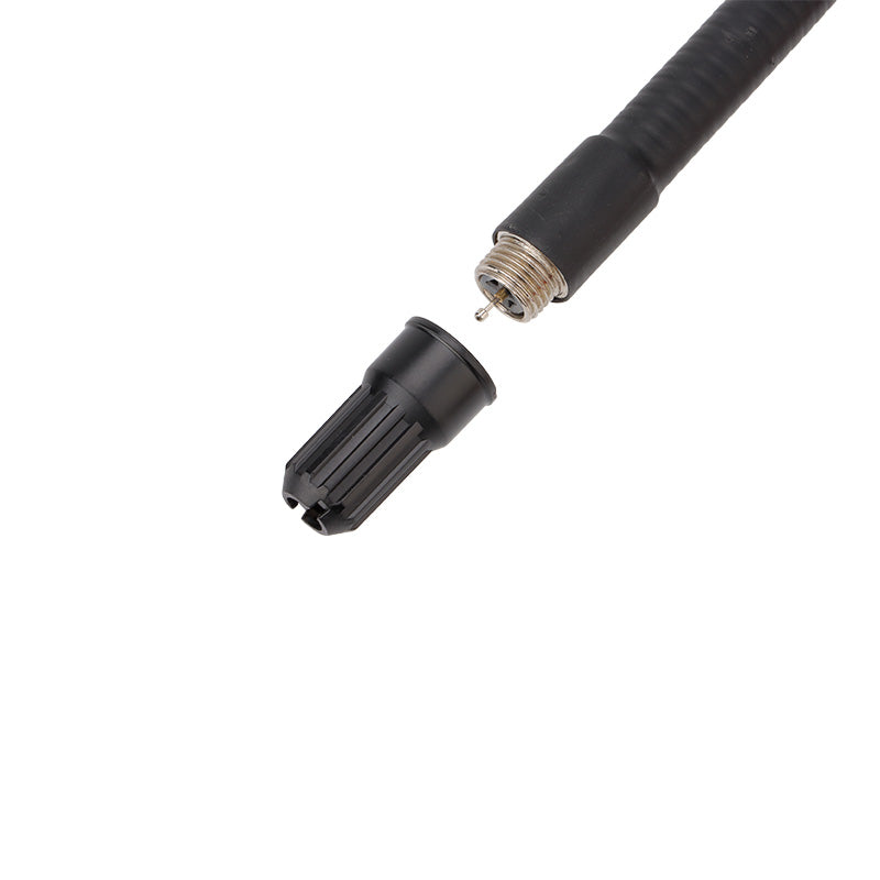 UNI-T UT336A Refrigerant Leak Detector – CFC / HCFC / HFC Halogen Gas, Negative Corona Sensor, 6 Sensitivity Levels, Audio-Visual Alarm, Flexible Probe - close-up of the black flexible probe tip detached from its threaded metal connector.