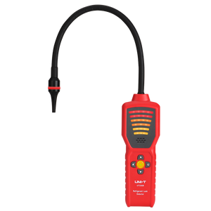 UNI-T UT336B Refrigerant Leak Detector – CFC / HCFC / HFC Halogen Gas, Long-Life Semiconductor Sensor, 6 Sensitivity Levels, Colour Probe Light - a red handheld device with a flexible black probe, a multi-colored LED indicator panel, and central control buttons.
