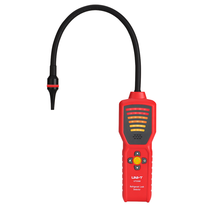 UNI-T UT336B Refrigerant Leak Detector – CFC / HCFC / HFC Halogen Gas, Long-Life Semiconductor Sensor, 6 Sensitivity Levels, Colour Probe Light - a red handheld device with a flexible black probe, a multi-colored LED indicator panel, and central control buttons.