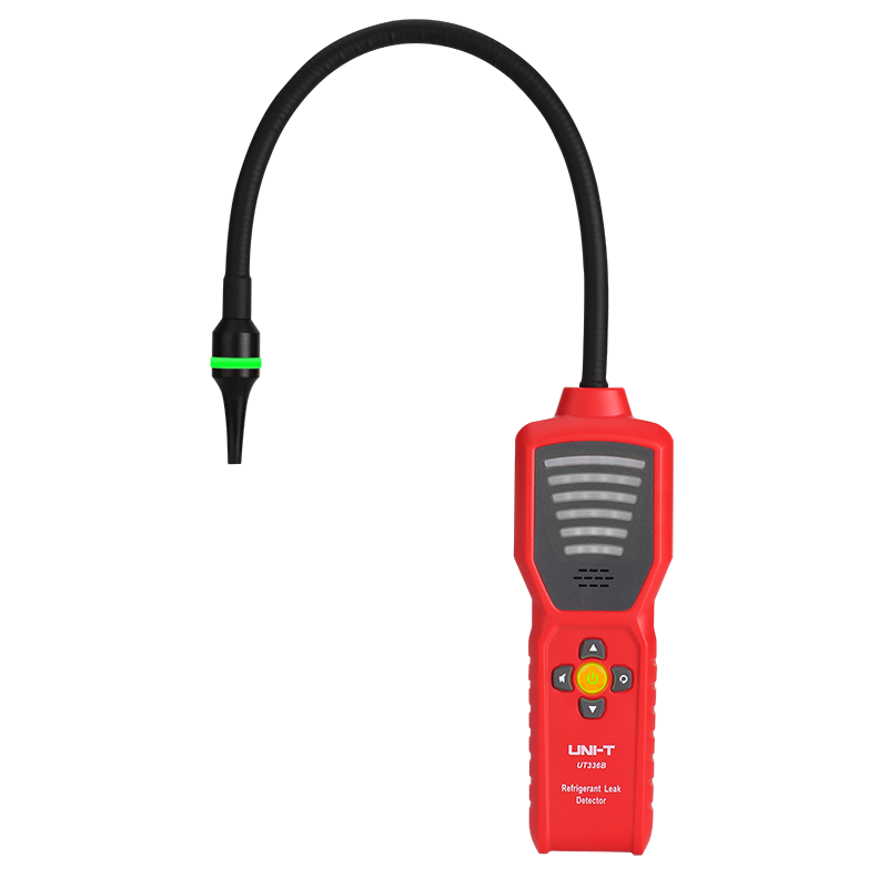 UNI-T UT336B Refrigerant Leak Detector – CFC / HCFC / HFC Halogen Gas, Long-Life Semiconductor Sensor, 6 Sensitivity Levels, Colour Probe Light - a red handheld device with a flexible black probe, a green light ring, and a central keypad with navigation buttons.