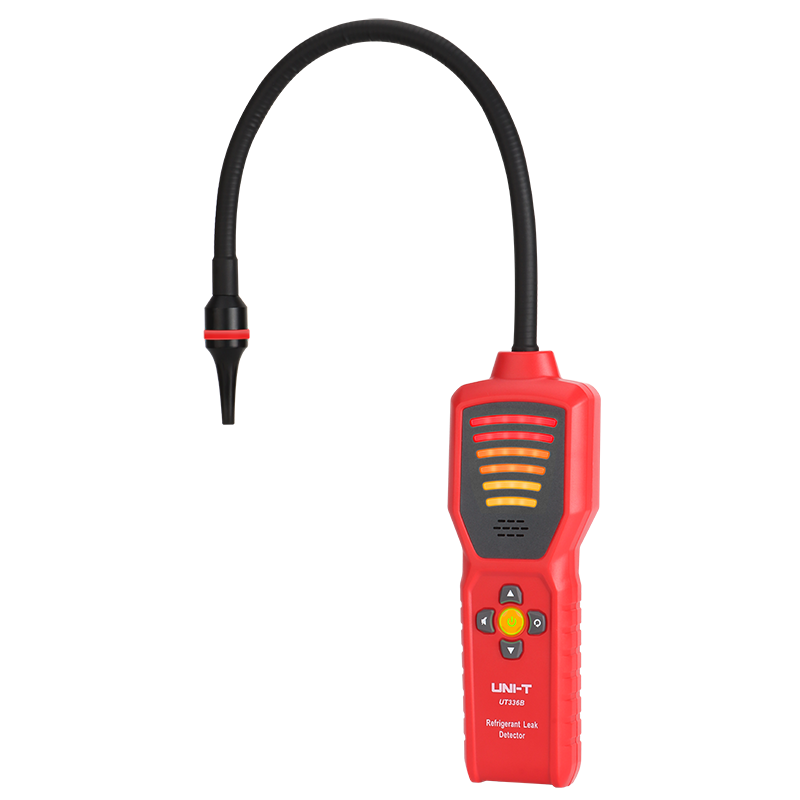 UNI-T UT336B Refrigerant Leak Detector – CFC / HCFC / HFC Halogen Gas, Long-Life Semiconductor Sensor, 6 Sensitivity Levels, Colour Probe Light - a red handheld device with a flexible black probe, a central power button, and a multi-level LED indicator.