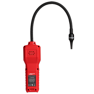 UNI-T UT336B Refrigerant Leak Detector – CFC / HCFC / HFC Halogen Gas, Long-Life Semiconductor Sensor, 6 Sensitivity Levels, Colour Probe Light - a red handheld device with a long black flexible probe and a speaker grille on the back.