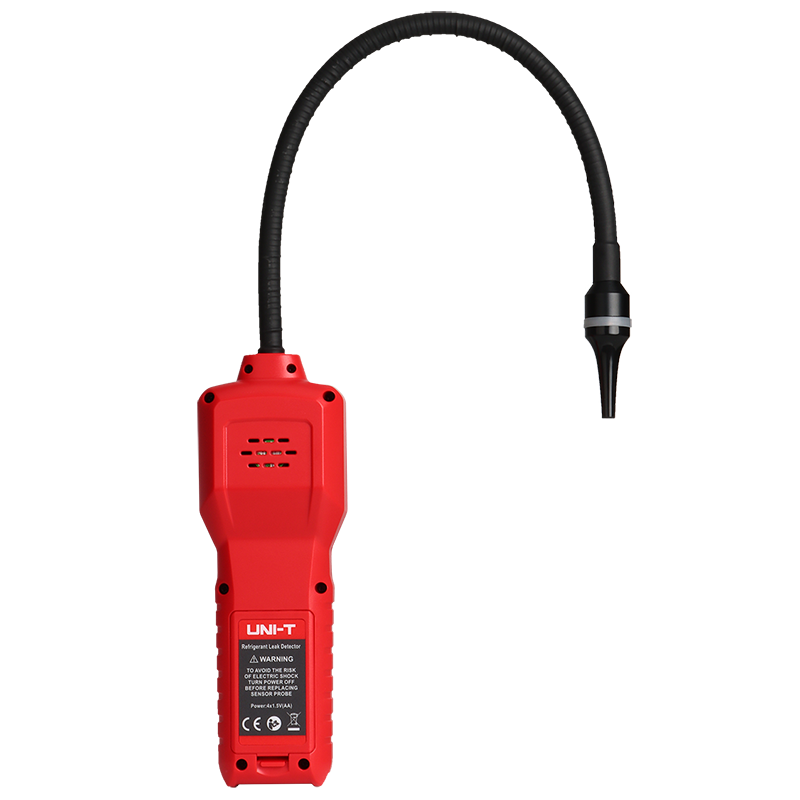 UNI-T UT336B Refrigerant Leak Detector – CFC / HCFC / HFC Halogen Gas, Long-Life Semiconductor Sensor, 6 Sensitivity Levels, Colour Probe Light - a red handheld device with a long black flexible probe and a speaker grille on the back.