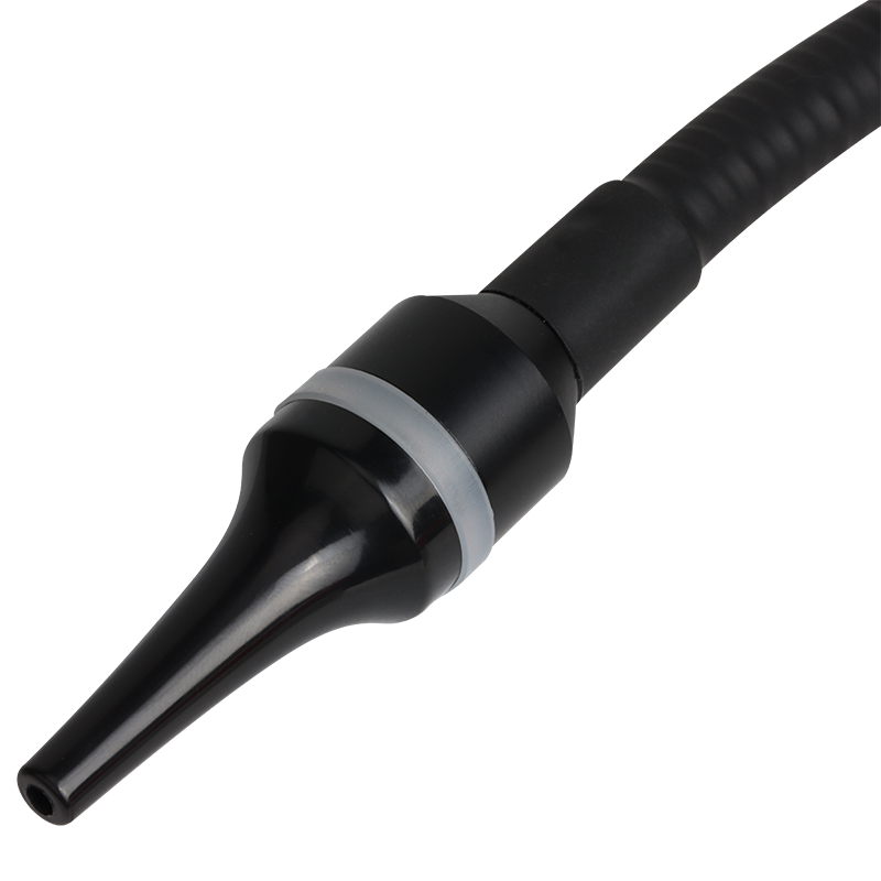 UNI-T UT336B Refrigerant Leak Detector – CFC / HCFC / HFC Halogen Gas, Long-Life Semiconductor Sensor, 6 Sensitivity Levels, Colour Probe Light - a close-up view of the black, tapered sensor probe tip attached to a flexible, ribbed black hose.