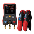 UNI-T UT336E Digital Manifold Gauge (Complete Kit) – HVAC, -1 to 60 bar, 162+ Refrigerants, Superheat/Subcooling, 3.5" Touchscreen, iENV App, IP54 - a black and red main unit with a touchscreen display and two matching wireless temperature clamp sensors.