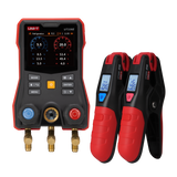 UNI-T UT336E Digital Manifold Gauge (Complete Kit) – HVAC, -1 to 60 bar, 162+ Refrigerants, Superheat/Subcooling, 3.5" Touchscreen, iENV App, IP54 - a black and red main unit with a touchscreen display and two matching wireless temperature clamp sensors.